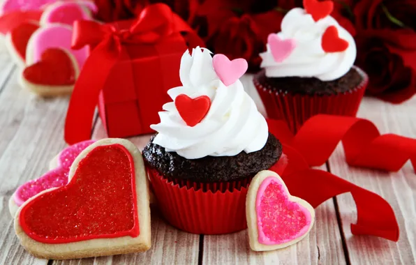 Hearts, red, love, romantic, hearts, sweet, valentine's day, cupcake