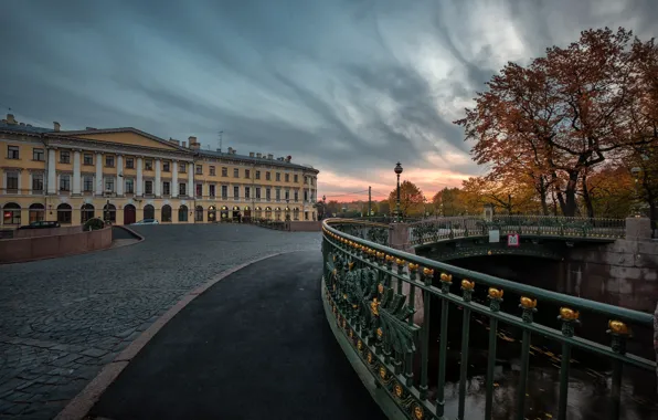 Picture autumn, bridge, the city, river, morning, Peter, the fence, Sink