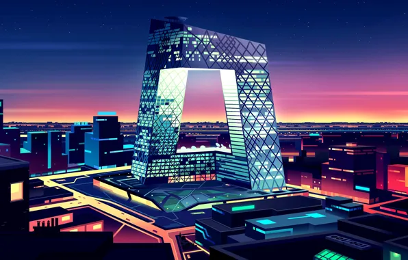 Sunset, Vector, The city, Style, Building, China, The building, Architecture