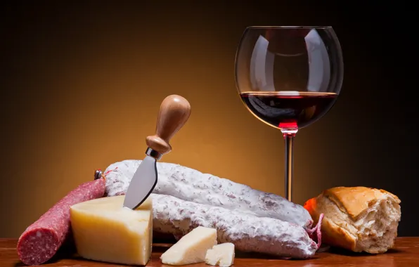 Table, background, wine, glass, cheese, bread, knife, sausage