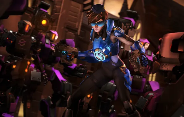 Girl, rendering, robots, tracer, overwatch, Lena Oxton