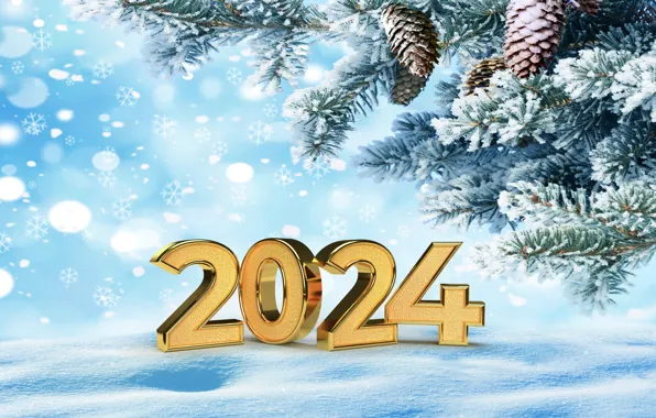 Winter, snow, snowflakes, gold, New Year, figures, golden, new year