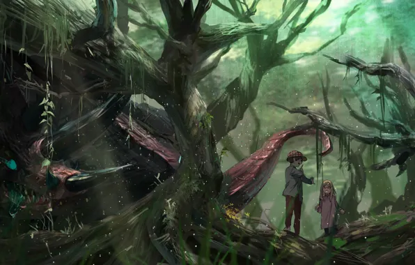Picture forest, trees, nature, children, monster, anime, boy, art