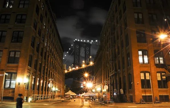 Night, bridge, the city, street, Brooklyn, NYC