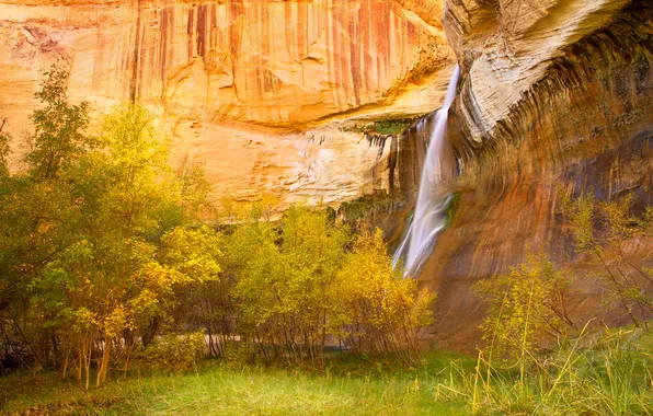 Autumn, mountains, rock, waterfall, Utah, USA, Lower Falls, Grand Staircase-Escalante National Monument