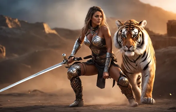Girl, tiger, sword, warrior, Valkyrie