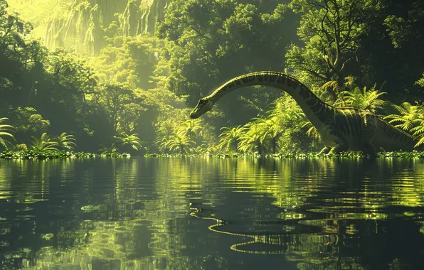 Water, Lake, Trees, Dinosaur, Neck, Animal, Digital art, Ancient animals