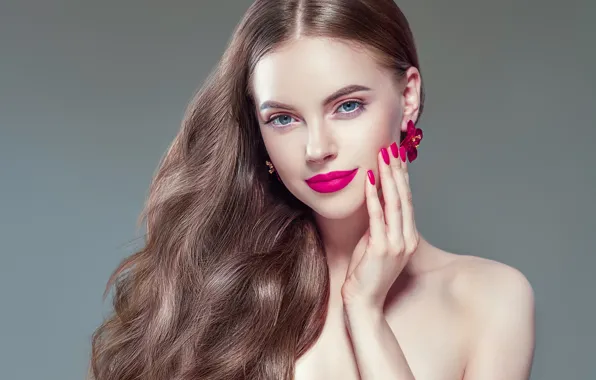 Flowers, face, hands, makeup, hairstyle, fingers, long hair, earrings