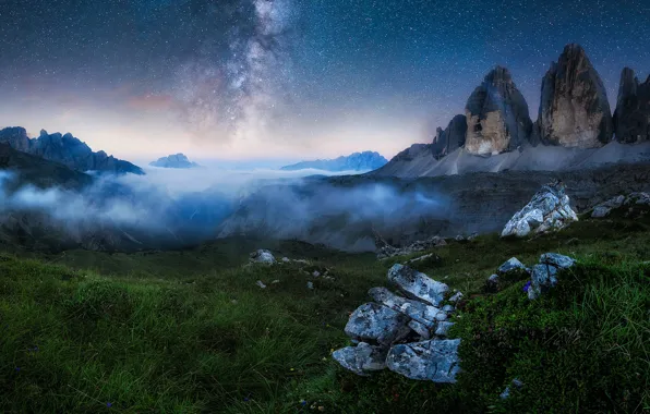 Mountains, night, fog, The milky way, The Dolomites