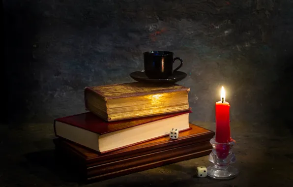 Books, candle, dice
