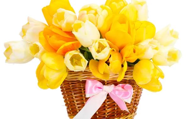 Basket, bouquet, yellow, tulips, bow
