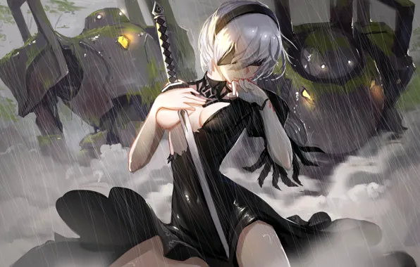 Girl, Figure, Rain, Sword, Android, Art, Nier, Illustration