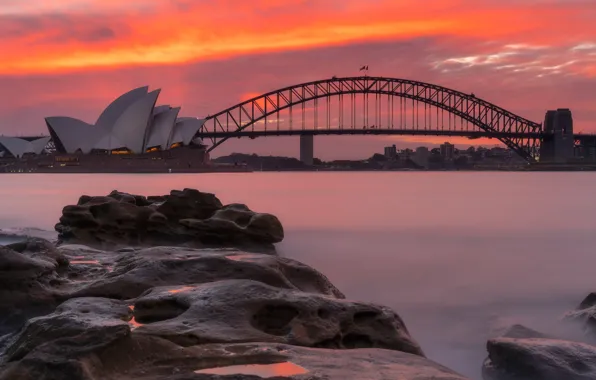 Sea, sunset, the city, shore, Australia, Sydney, Opera house