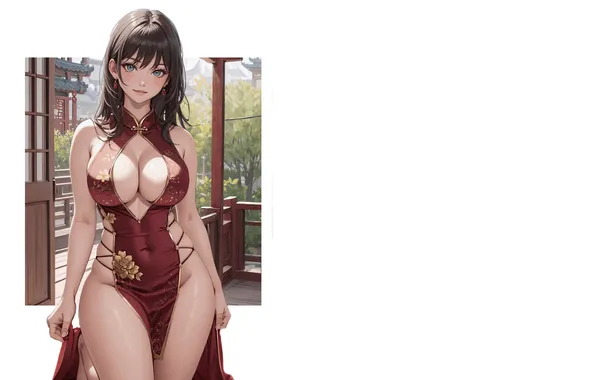 Red, girl, hot, cleavage, boobs, anime, figure, pretty