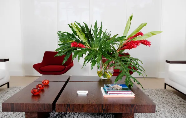 Flowers, sofa, carpet, chair, vase, table, living room