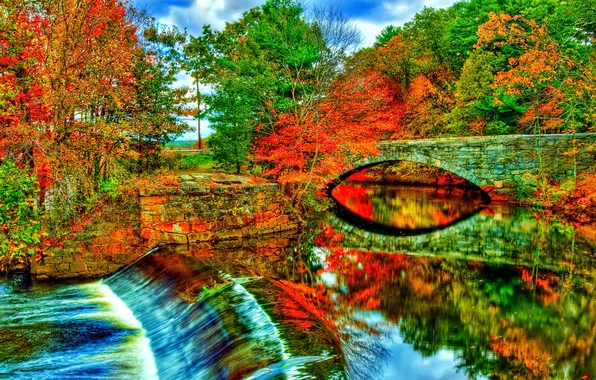 Picture autumn, the sky, trees, bridge, river, arch, dam
