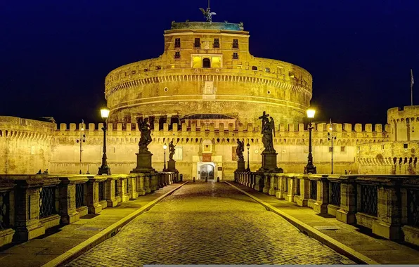 Picture the sky, night, bridge, lights, sculpture, Italy, Rome, Castel Sant'angelo