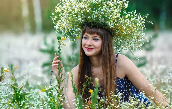 Picture girl, flowers, nature, wreath