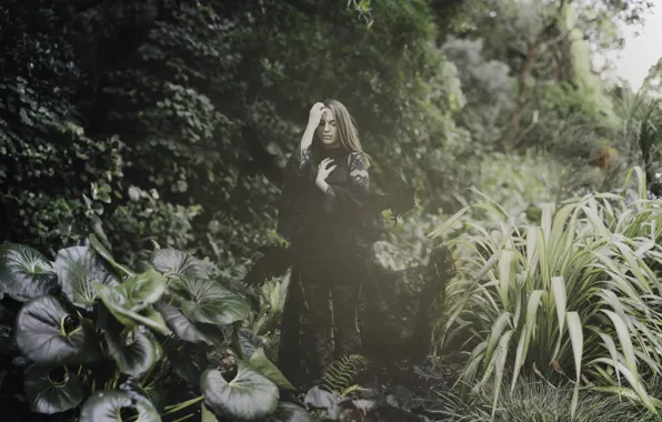 Girl, birds, pose, plants, dress, crows