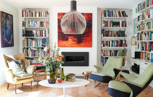 Design, style, room, interior, chairs, fireplace, library, living room