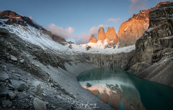 Clouds, mountains, lake, snow, Vladimir Ganyushkin, Las Torres Towers