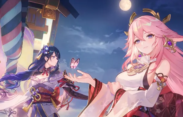Butterfly, The moon, kitsune, Genshin Impact, Yae Miko, Raiden Ei
