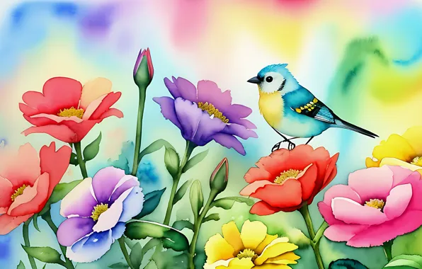 Flowers, bird, painting, imitation of watercolor, AI art, neural network