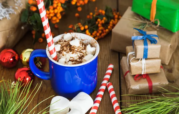 Balls, coffee, gifts, tube, marshmallows