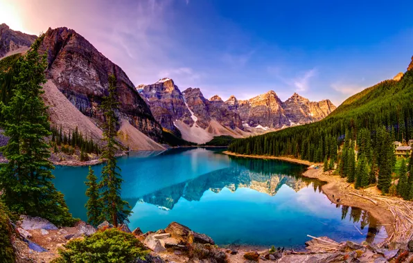 Forest, the sky, trees, landscape, mountains, lake