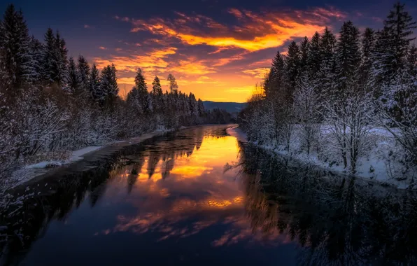 Winter, night, river