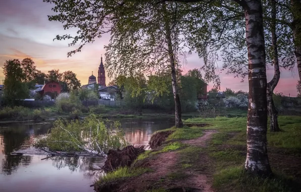 Picture trees, landscape, nature, shore, spring, morning, village, Church