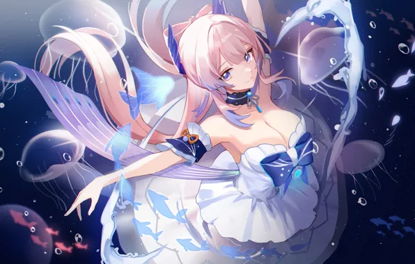 Picture girl, fish, Genshin Impact, Sangonomiya Kokomi, underwater jellyfish
