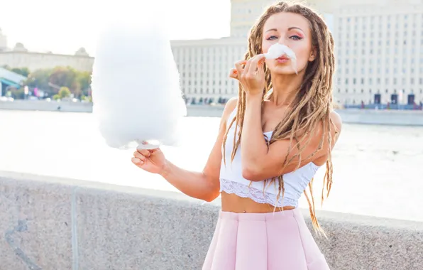 Picture mustache, girl, the city, river, skirt, makeup, hairstyle, braids