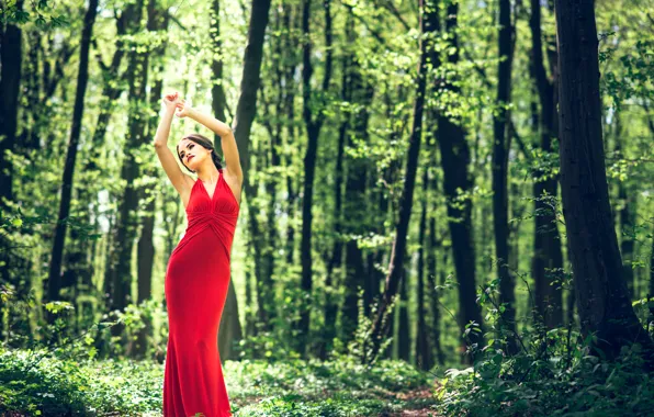 Red, girl, summer, fantasy, sexy, forest, fashion, dress