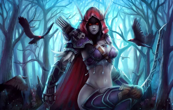 Forest, armor, crows, WoW, World of Warcraft, elf, quiver, burning eyes