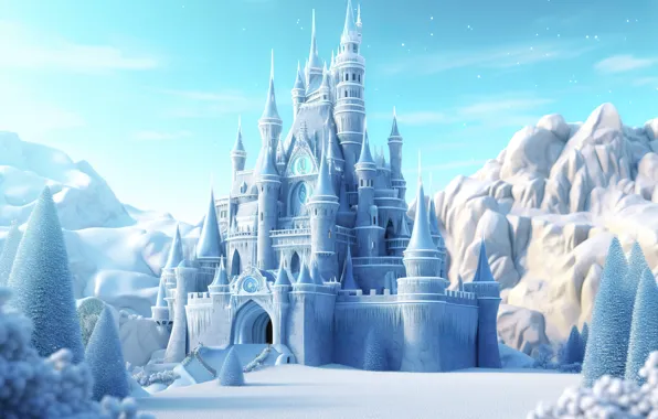 Winter, clouds, snow, mountains, castle, rocks, winter, tale