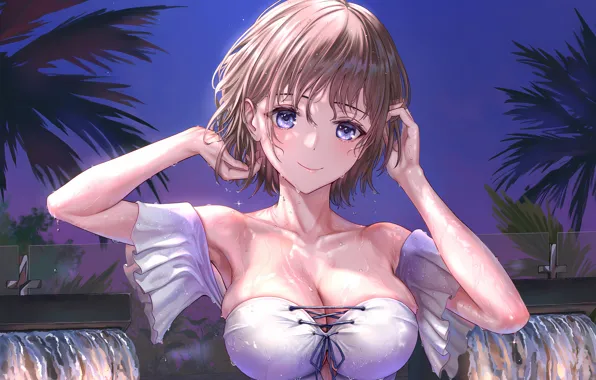 Girl, sexy, wet, cleavage, blouse, brown hair, boobs, anime