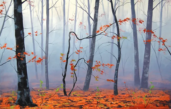 Autumn, leaves, trees, nature, fog, art, artsaus