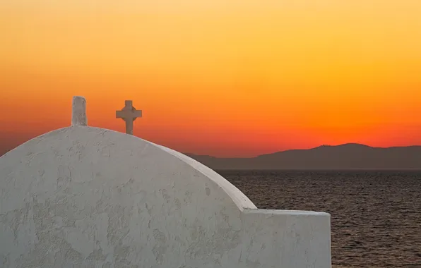 Picture sea, the sky, sunset, mountains, island, Greece, Church