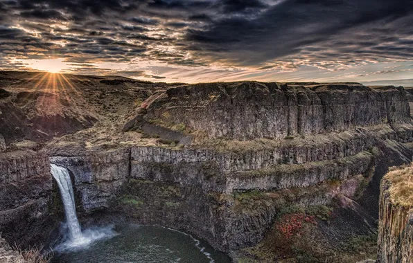 Sunset, rocks, canyon, Washington, Palouse Falls, the falls of the Palouse