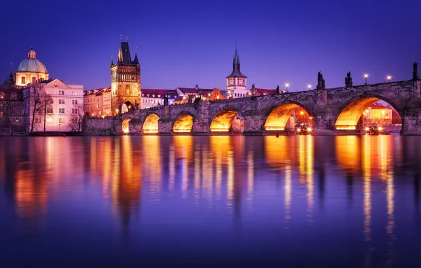 Water, light, the city, lights, reflection, river, the evening, Prague