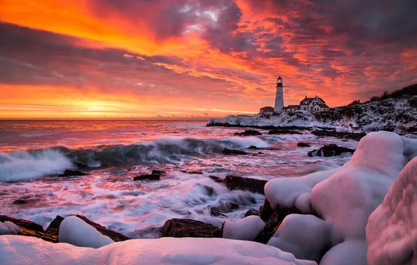 Picture winter, sea, sunset, lighthouse