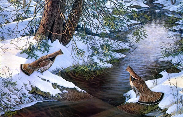Forest, snow, stream, painting, river, bird, snow, painting