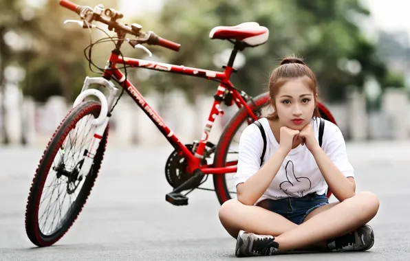 Girl, bike, Asian