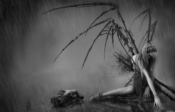 Girl, rain, Gothic, blood, wings, wound