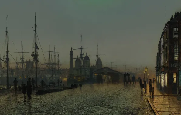 Lights, ship, home, picture, lights, promenade, the urban landscape, John Atkinson Grimshaw