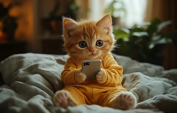 Cat, look, pose, kitty, red, bed, face, smartphone