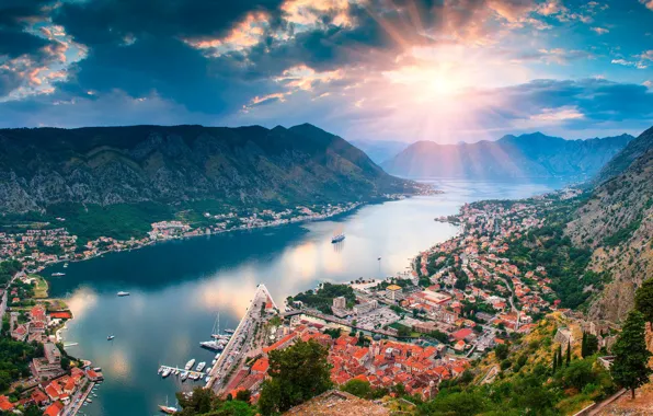 Sea, the sun, mountains, home, panorama, liner, Montenegro, To
