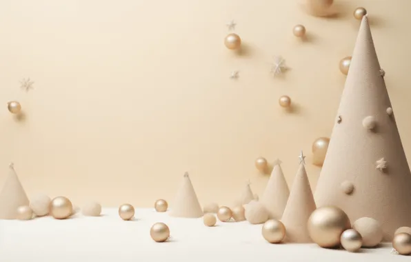 Balls, toys, Christmas, New year, Christmas decorations, Christmas trees, beige background, AI art