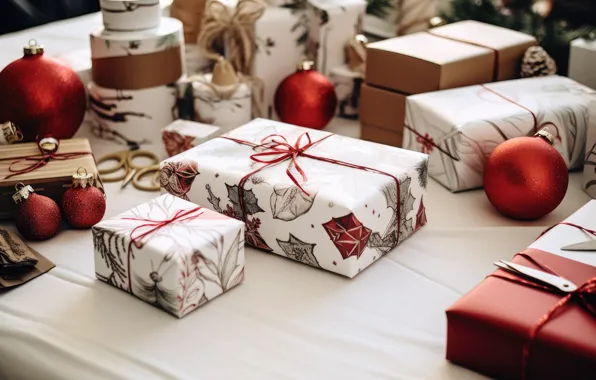 Balls, table, Christmas, gifts, red, New year, scissors, box